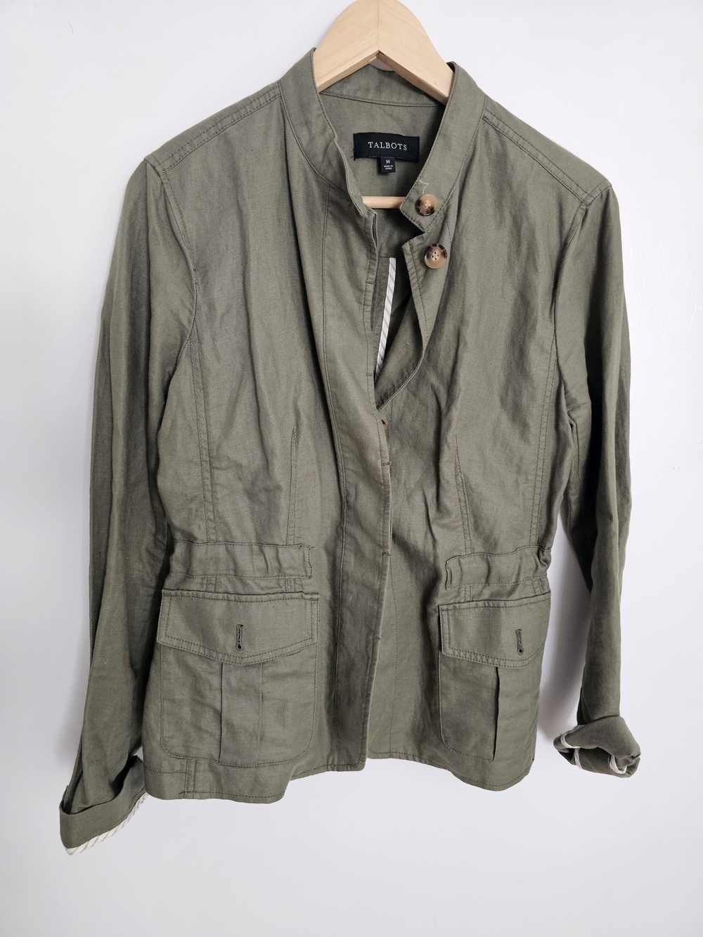 Talbots Linen Cotton Olive Green Utility Jacket Blazer Size M